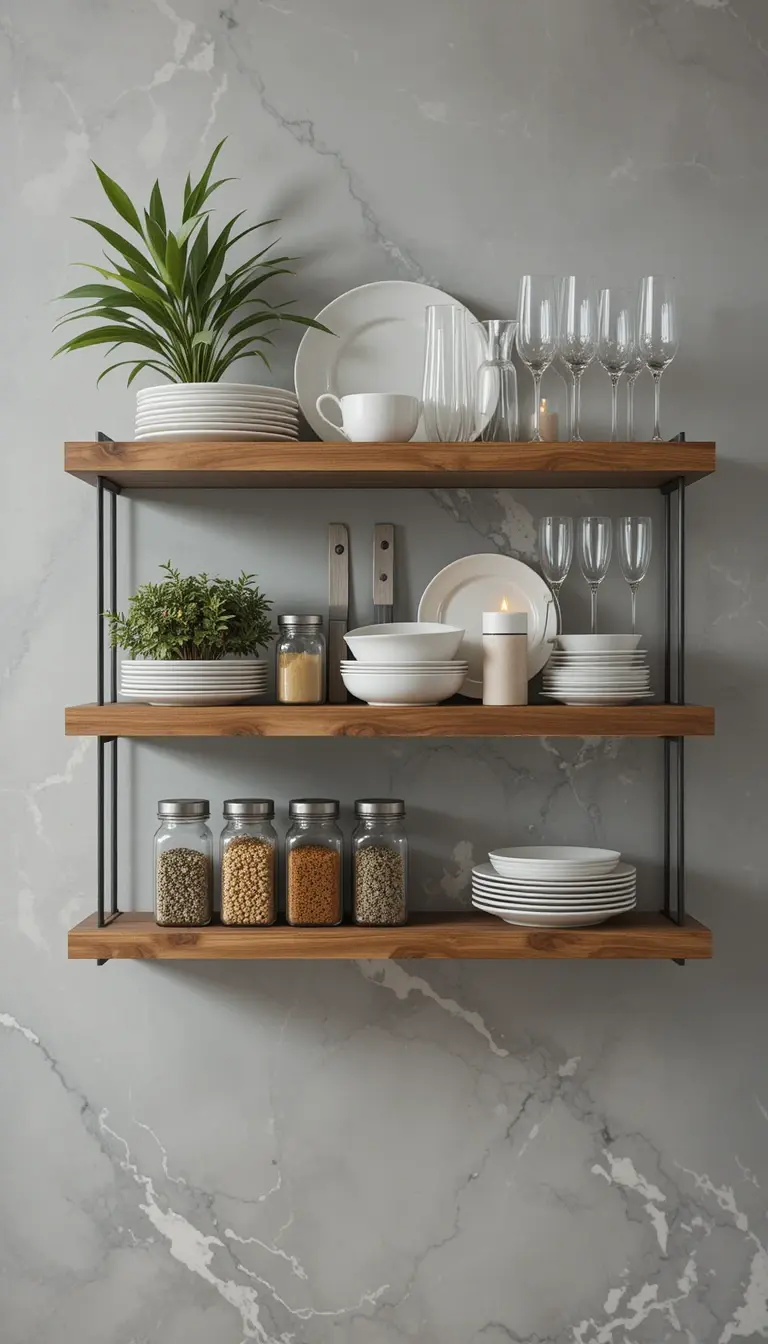 a floating shelf adding dimension to kitchen wall