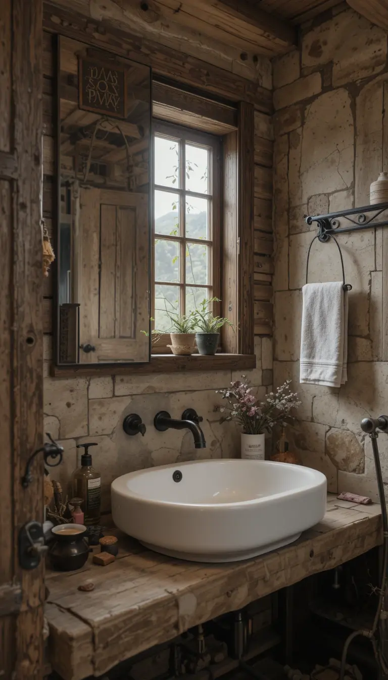 a rustic bathroom with metal accents