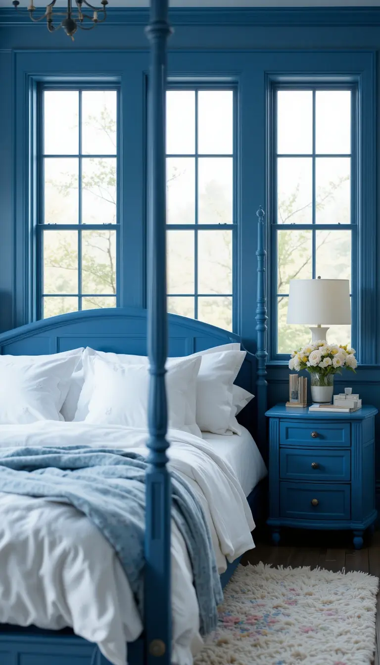 a farmhouse bedroom with soothing blue