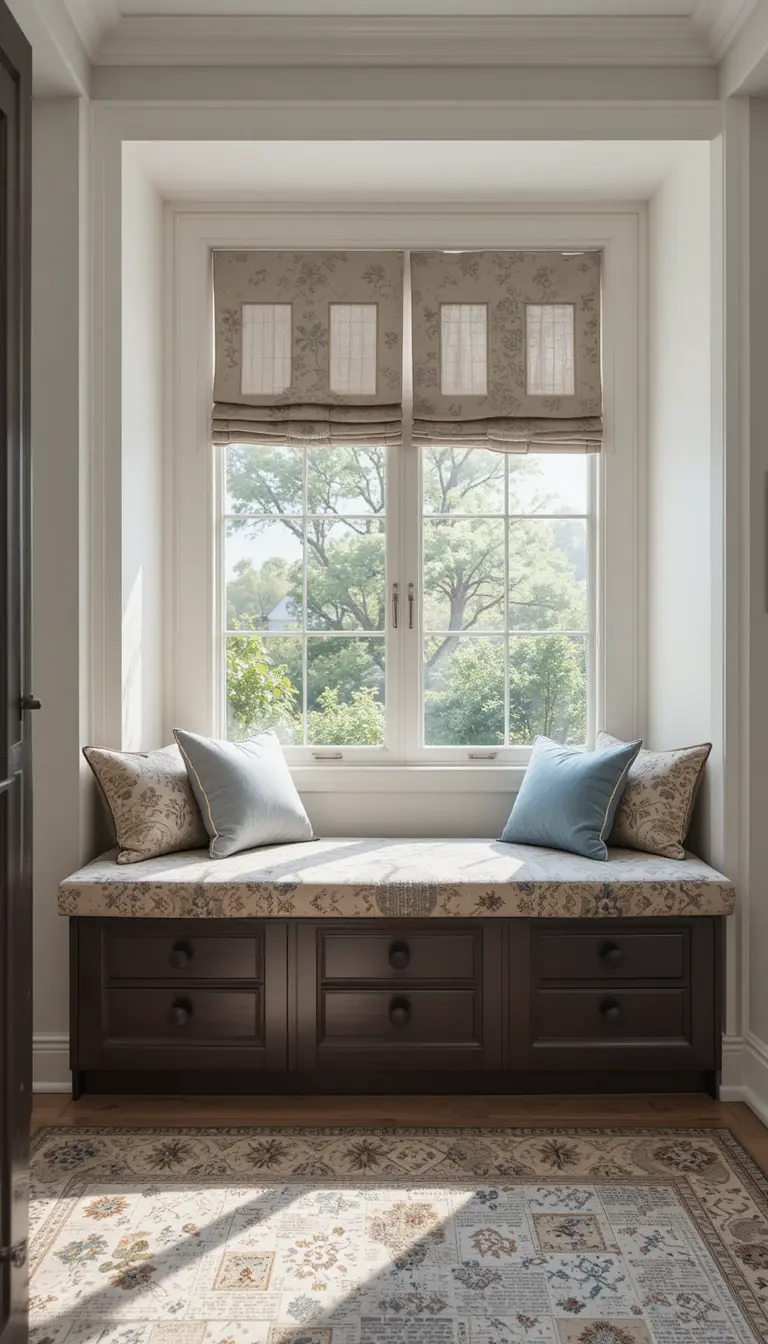 a window seat with storage underneath