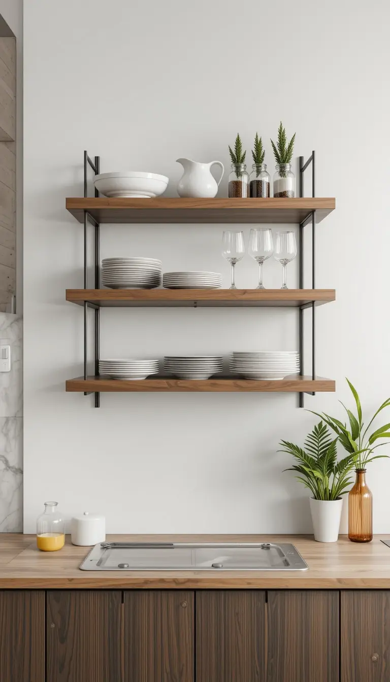 a floating shelf adding dimension to kitchen wall 