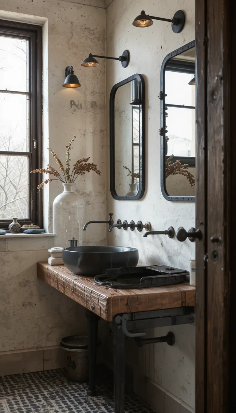 a rustic bathroom with metal accents