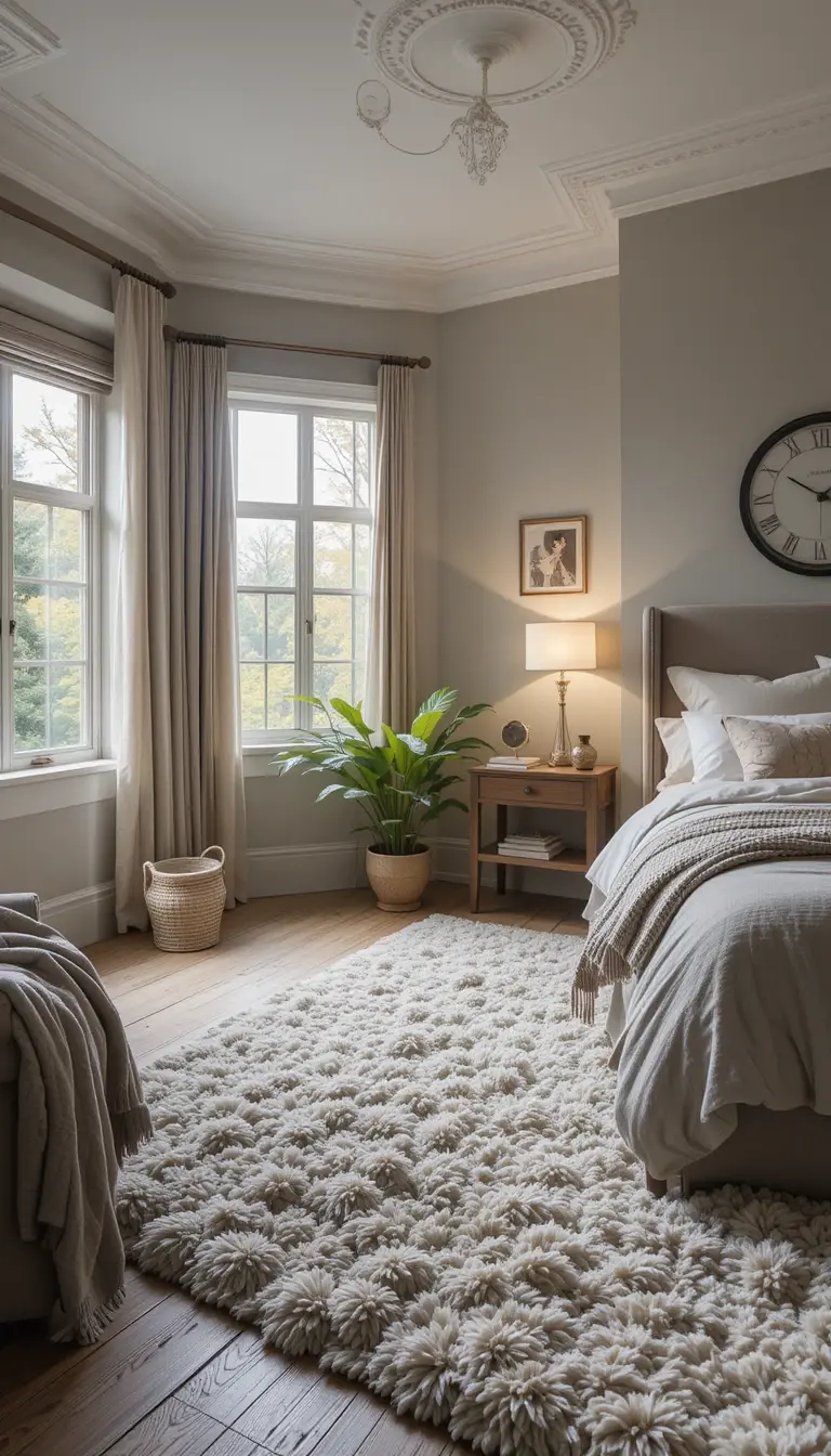 a guest bedroom with a plush rug
