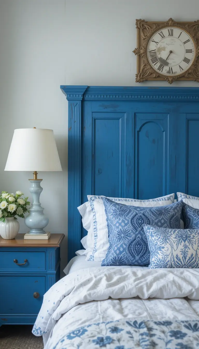 a farmhouse bedroom with soothing blue