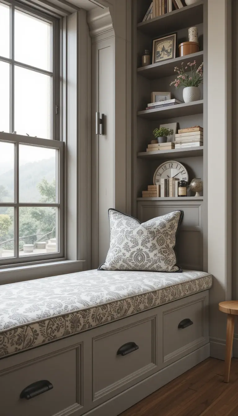 a window seat with storage underneath