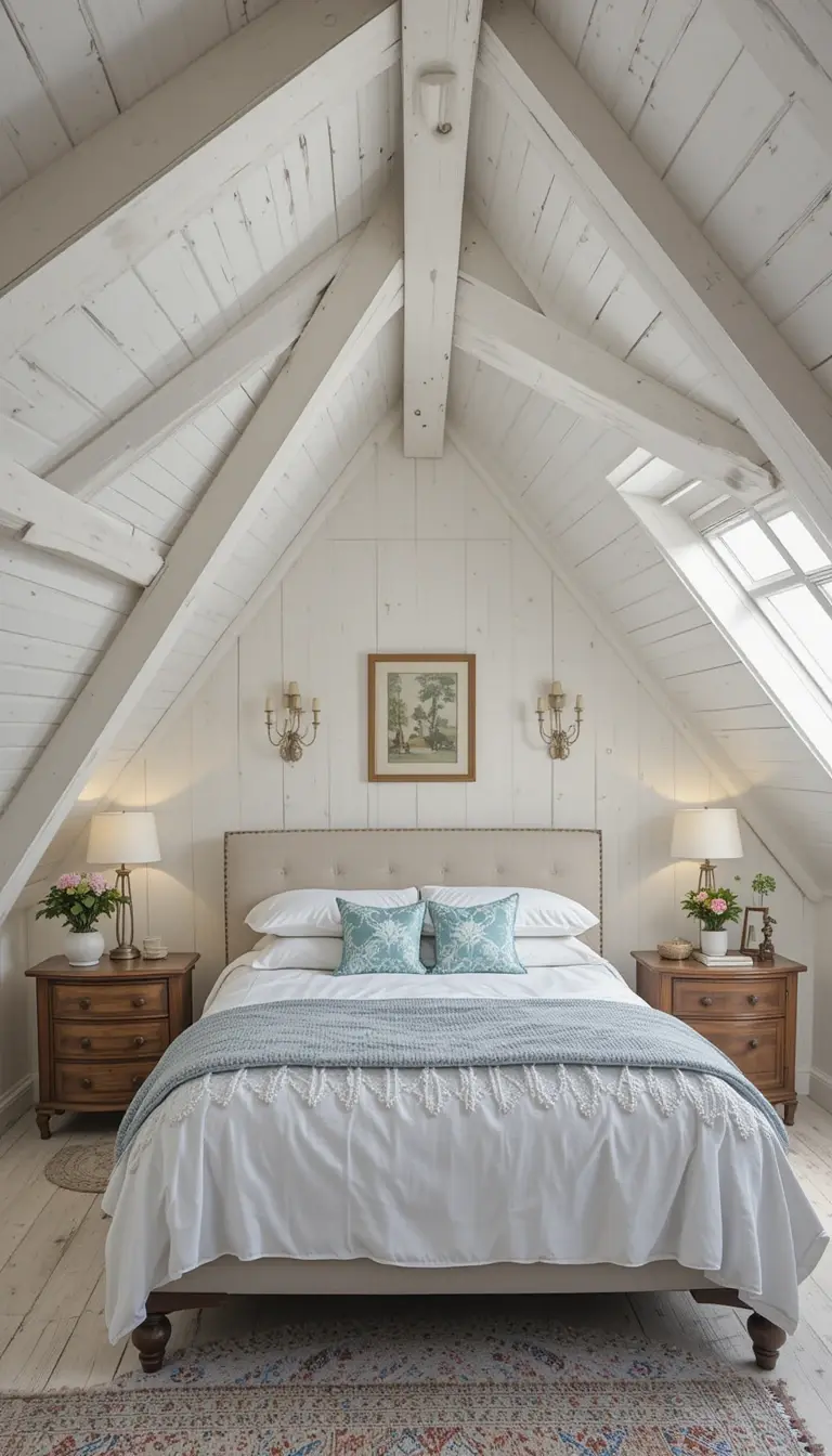 an attic bedroom with whitewash boards