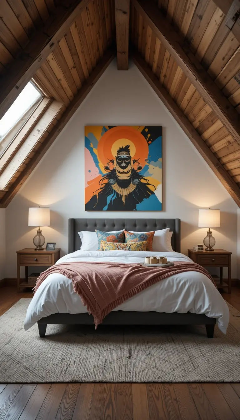 an attic bedroom with bold art