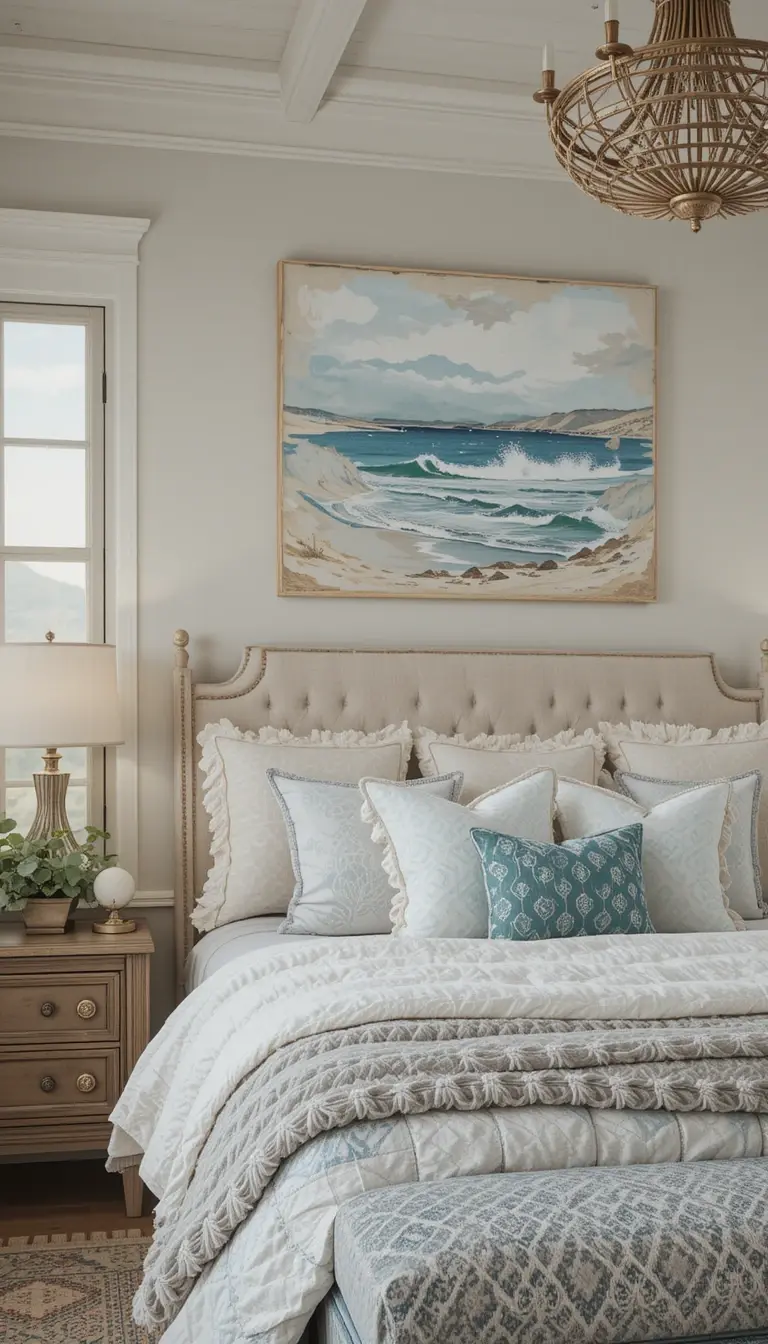 a coastal bedroom with coastal art