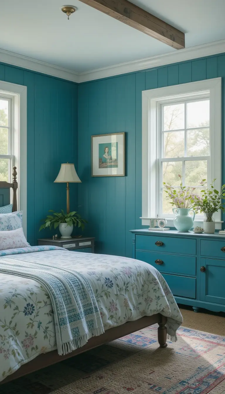 a farmhouse bedroom with a comfy teal