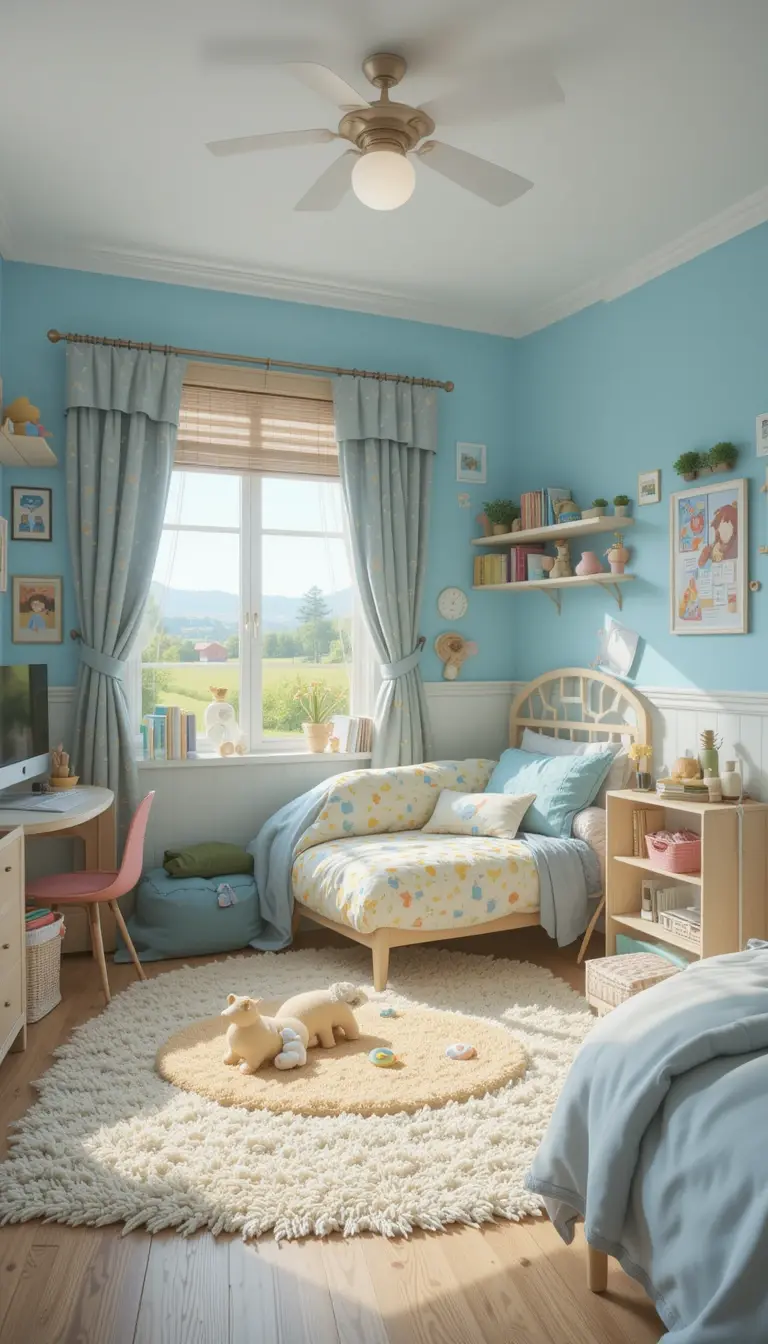 a shared kids bedroom with distinct zones