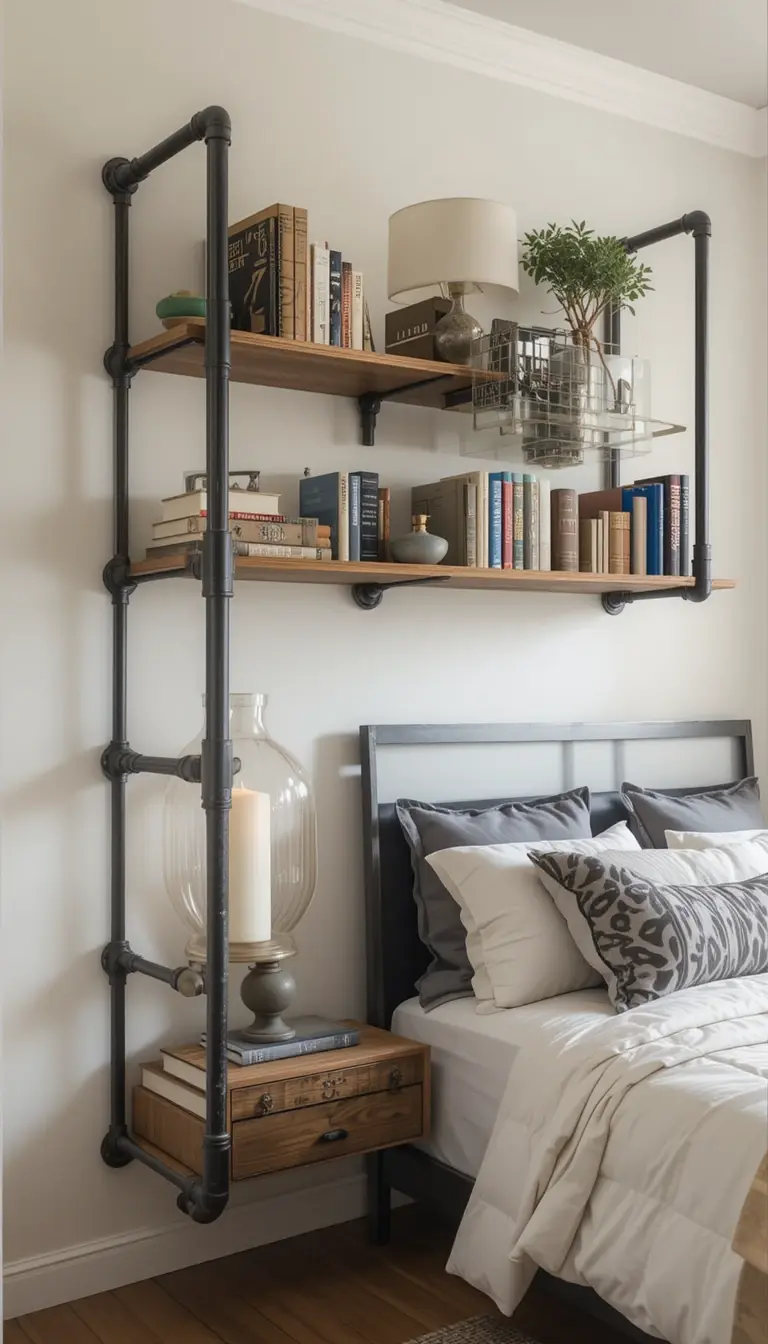 a bedroom bookshelf with industrial piping vibe