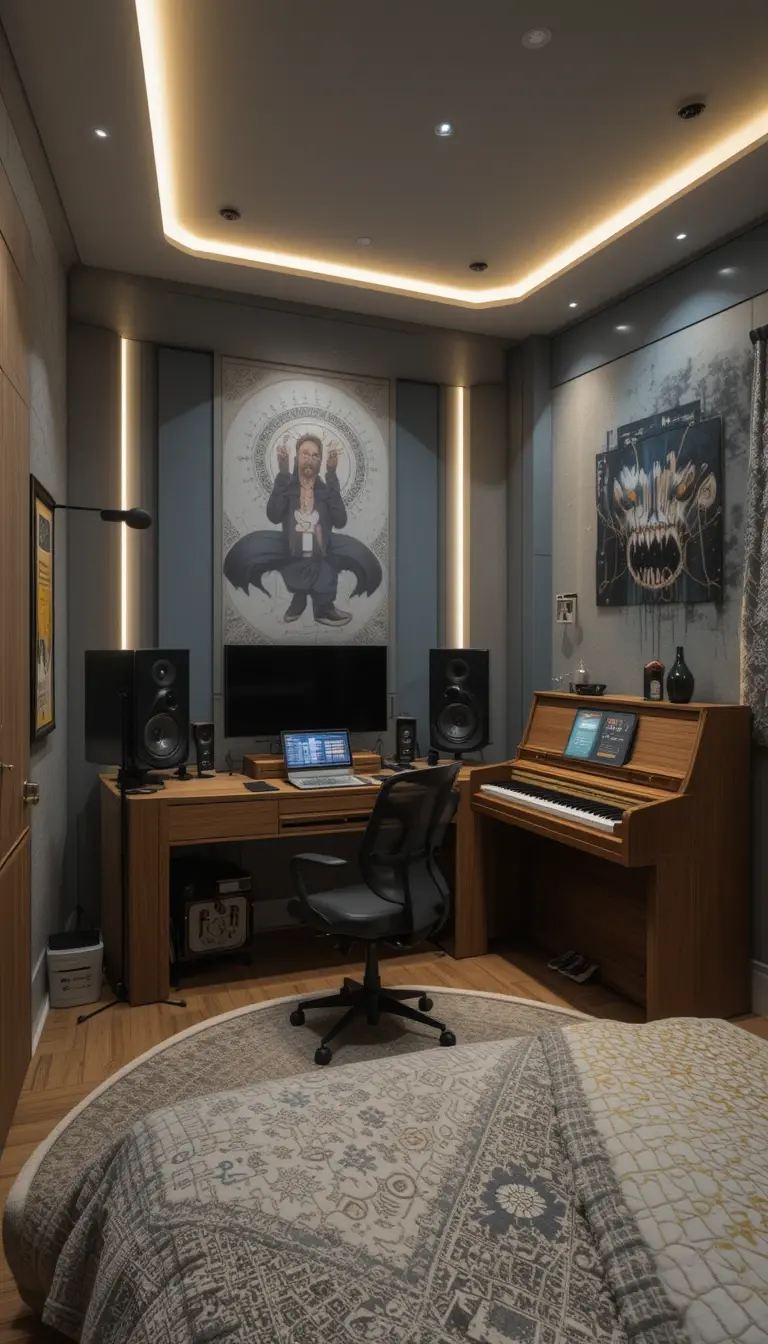a teenage boy bedroom with a music haven theme