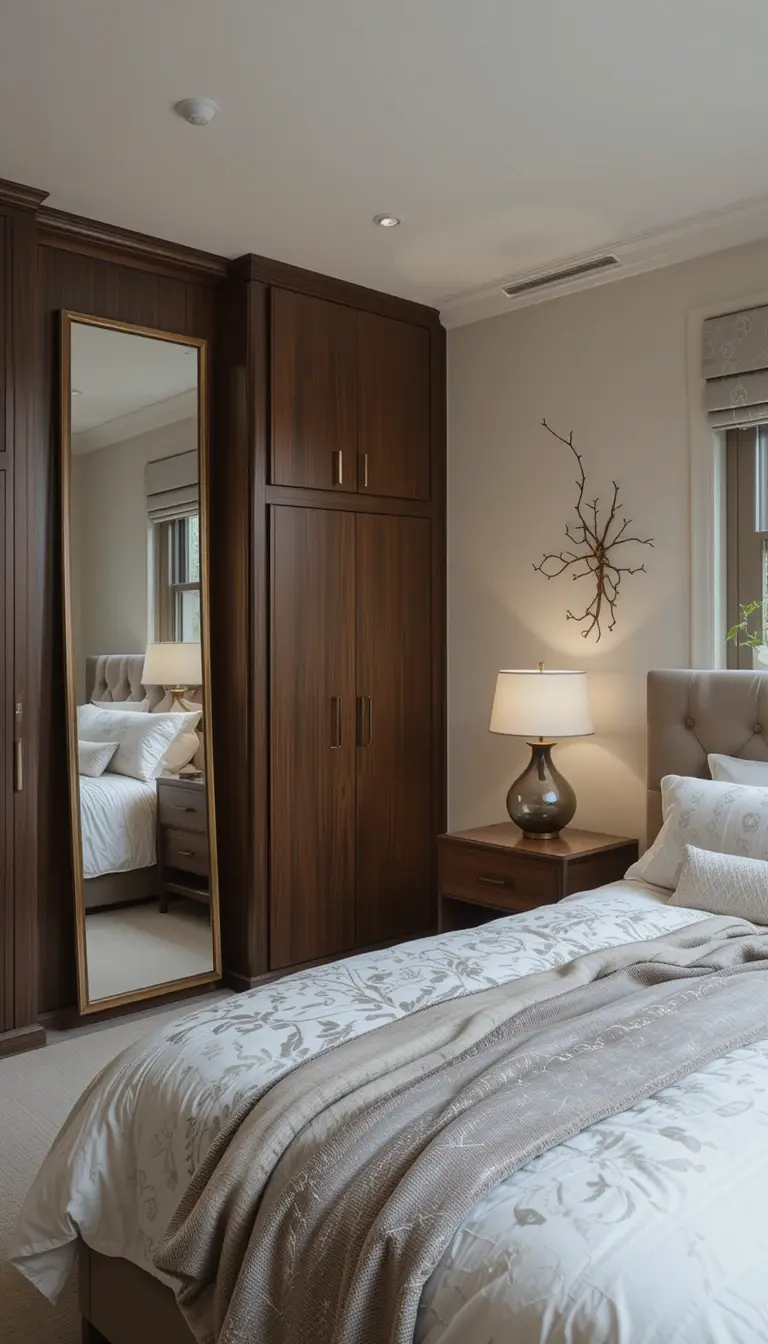 a guest bedroom with a mirror for natural light