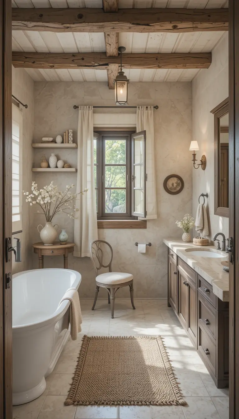 a rustic bathroom with a neutral color palette