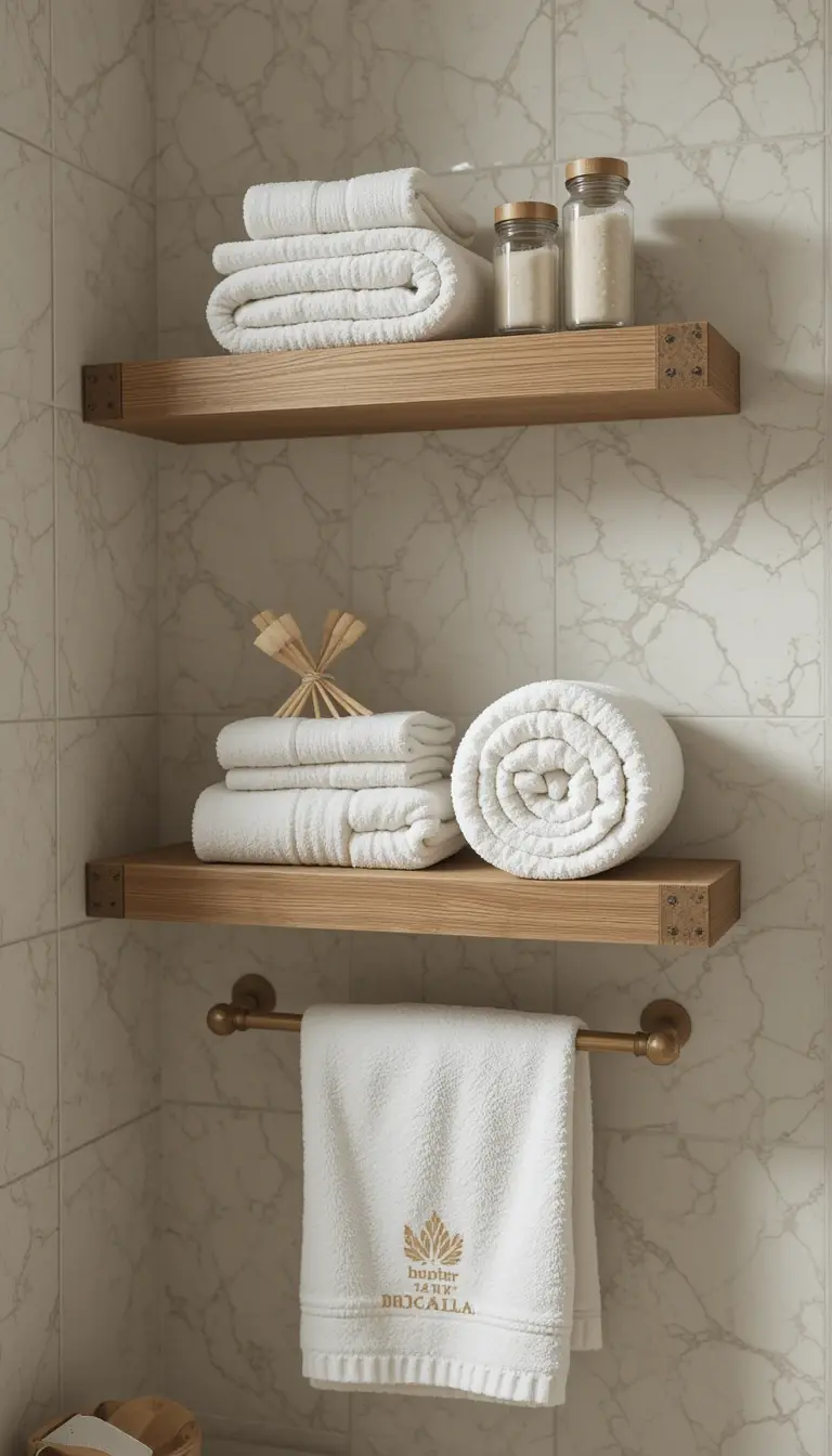 a floating shelf with bathroom essentials