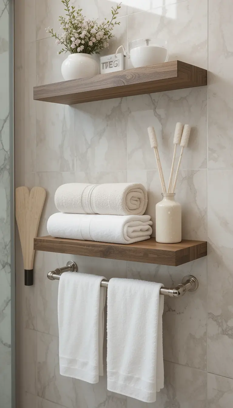 a floating shelf showing bathroom essentials