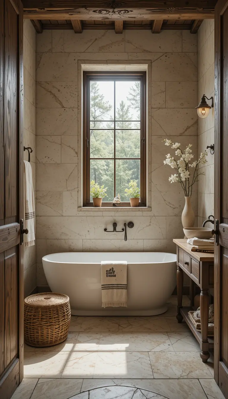 a rustic bathroom with a neutral color palette