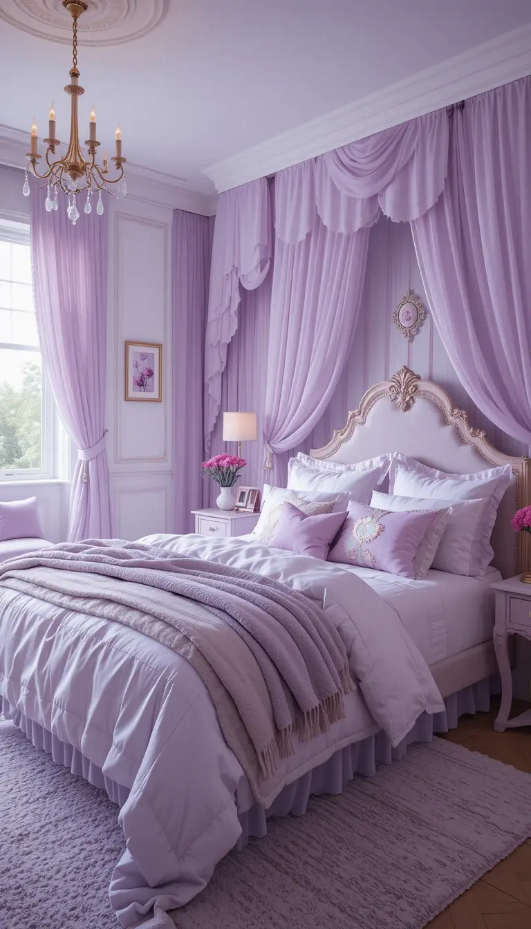 a teenage girl bedroom with a serene lilac theme