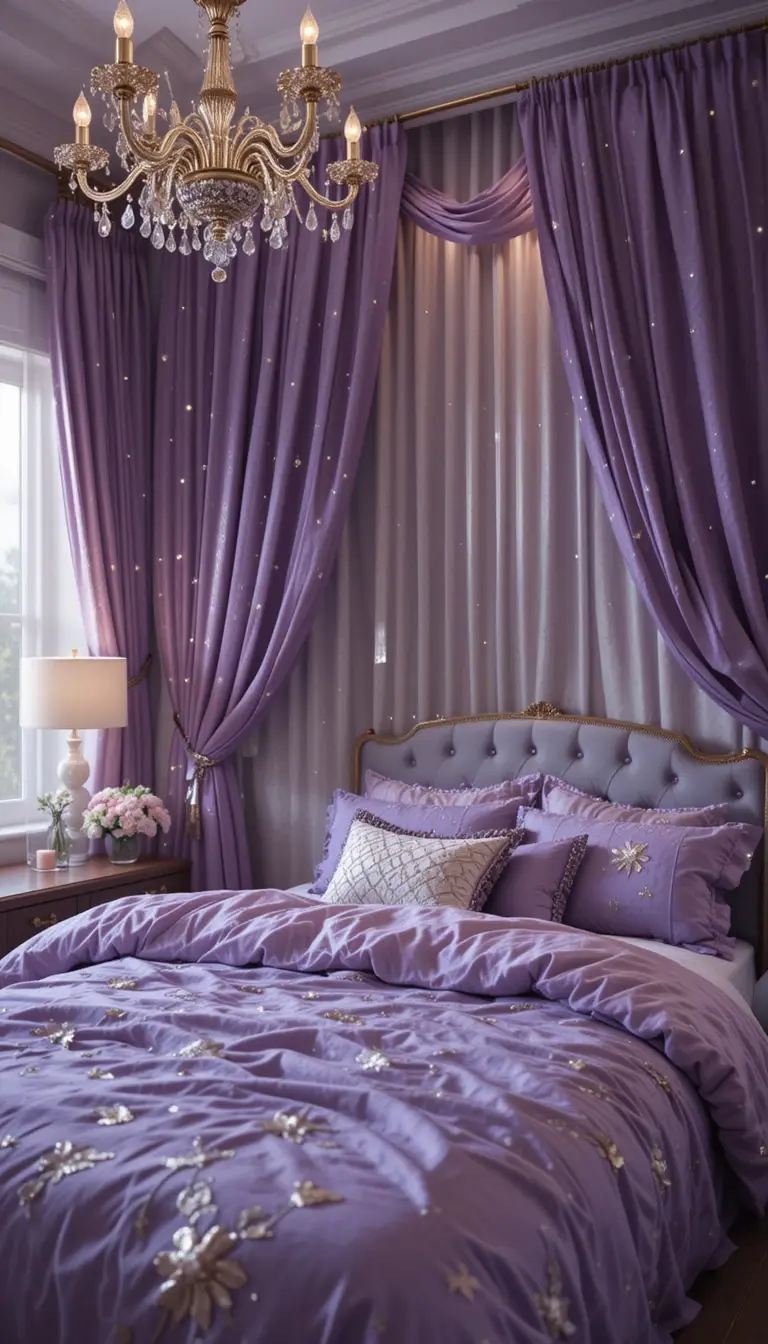 a teenage girl bedroom with a serene lilac theme
