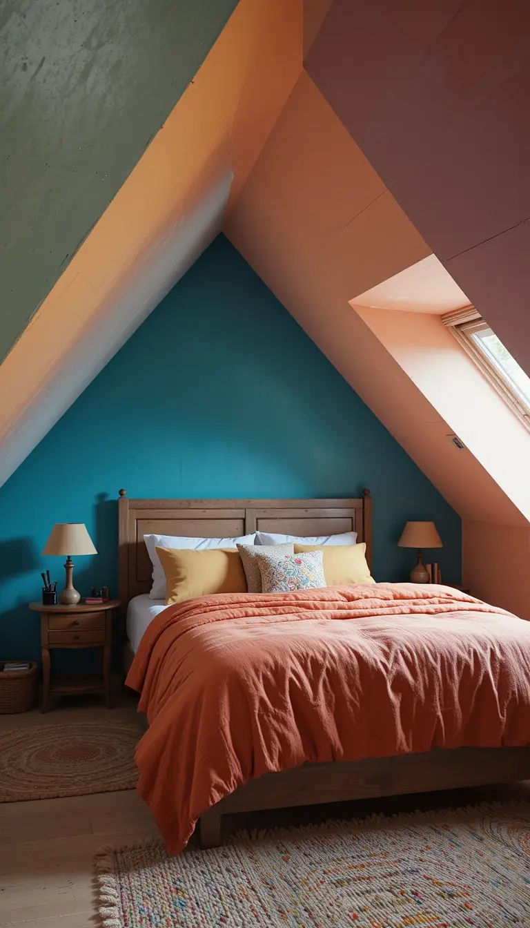 an attic bedroom with slopes of different colors