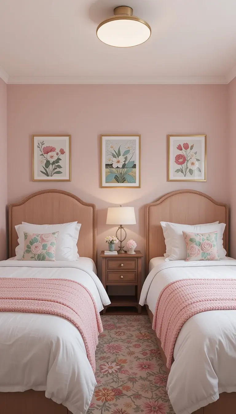 a shared kids bedroom with a matching color palette