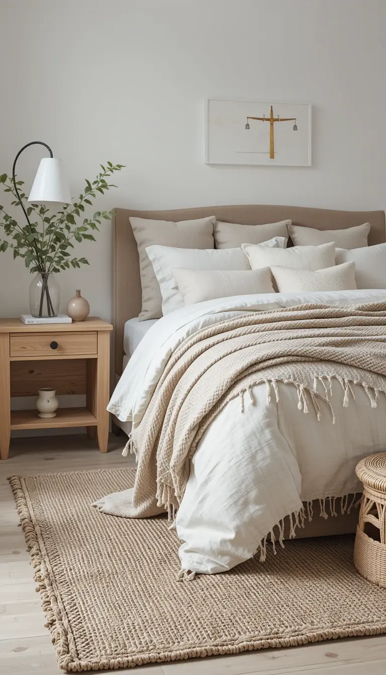 a serene bedroom with natural materials