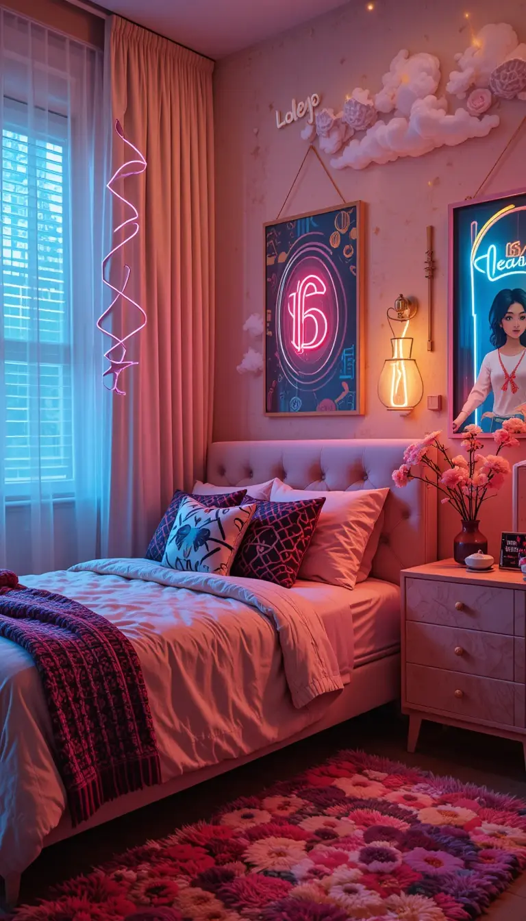 a teenage girl bedroom with neon lights