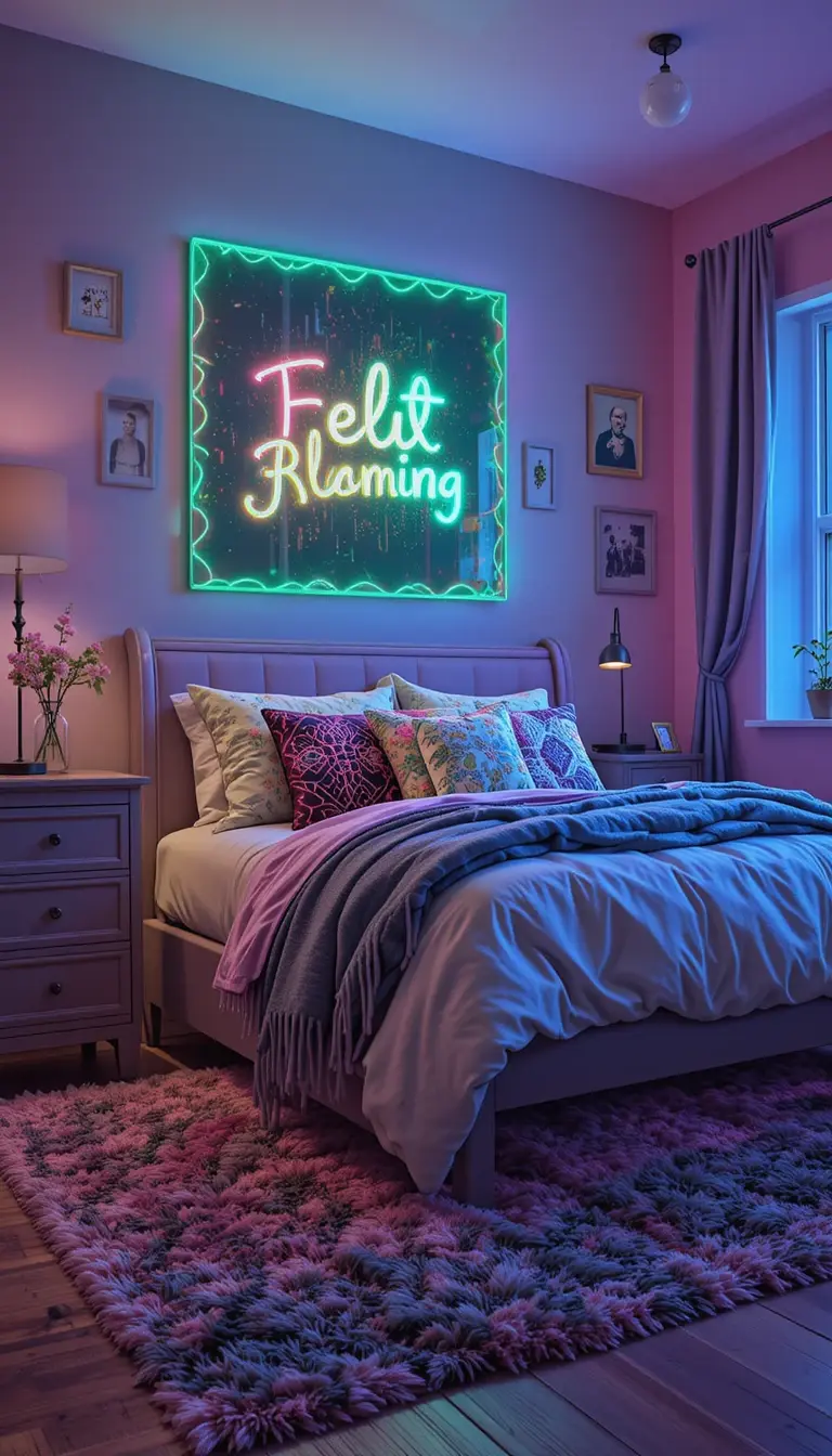 a teenage girl bedroom with neon lights