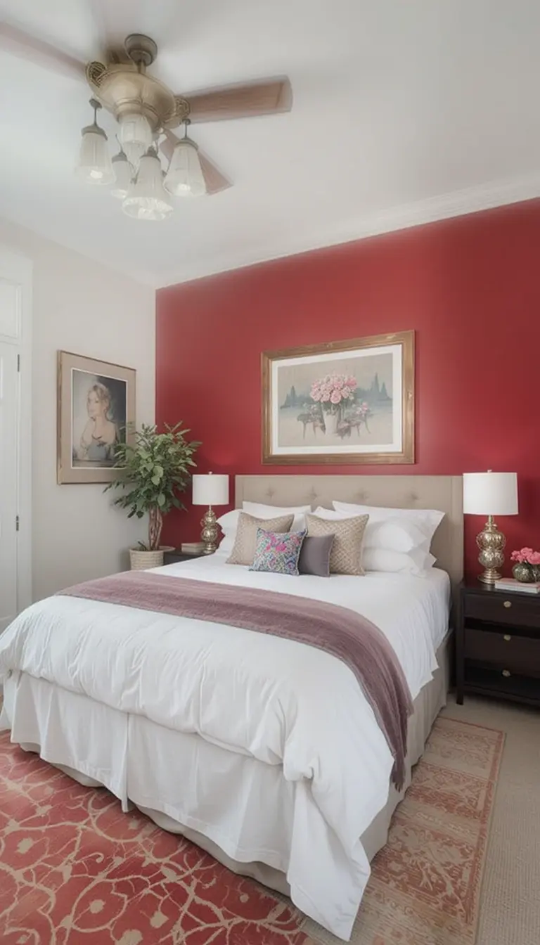 a guest bedroom with a bold accent wall