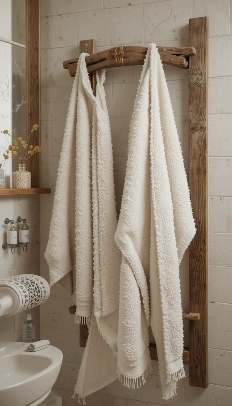 a rustic bathroom with cozy textiles