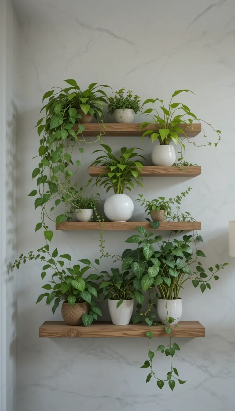 a floating shelf with potted plants