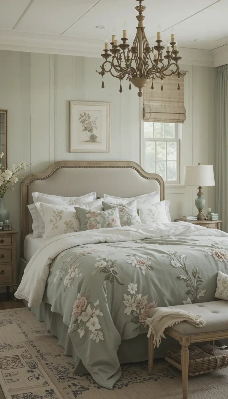 a farmhouse bedroom with a sage green theme
