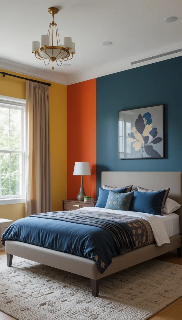 a guest bedroom with a bold accent wall