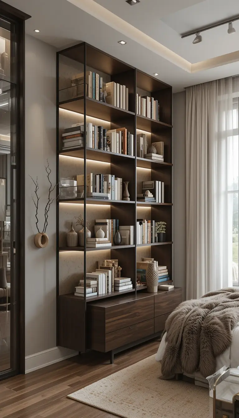 a bedroom bookshelf in a corner