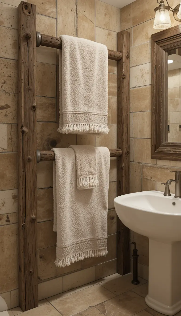 a rustic bathroom with cozy textiles