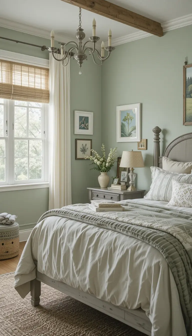 a farmhouse bedroom with a sage green theme