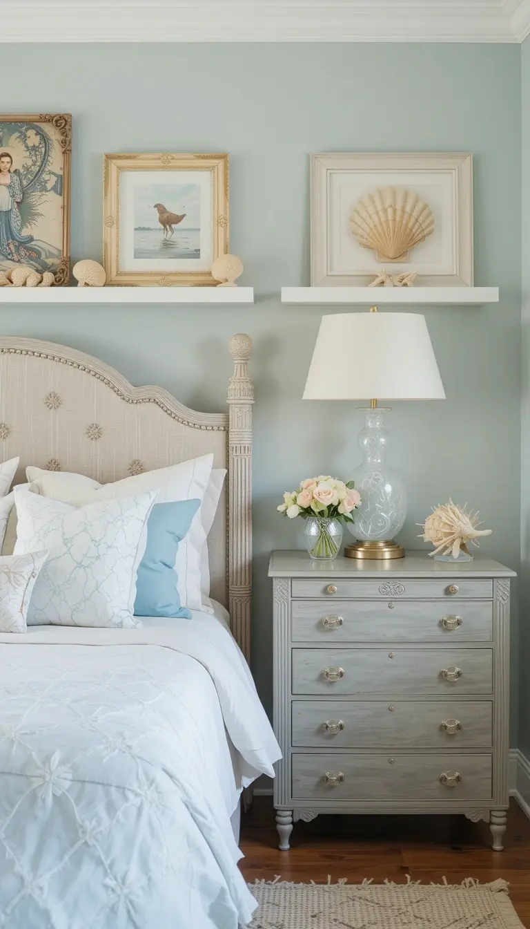 a coastal bedroom with sea shell decor