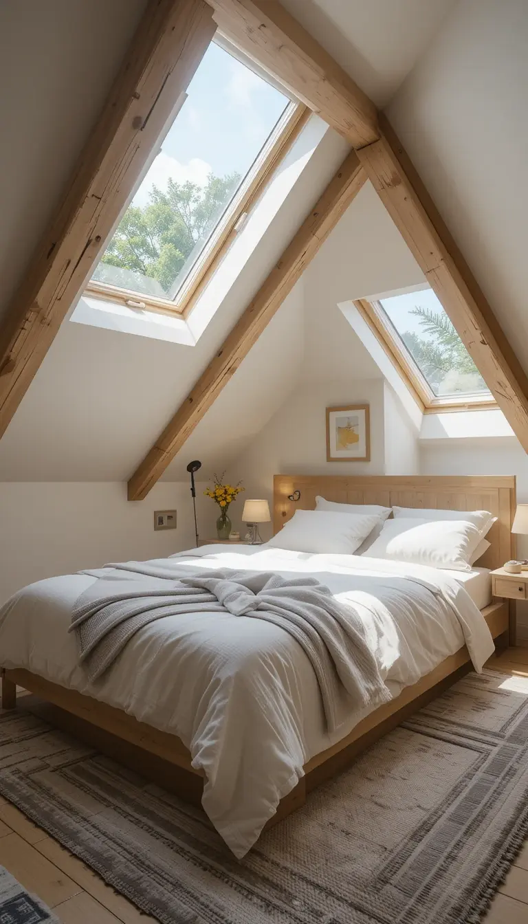 an attic bedroom lit with skylights