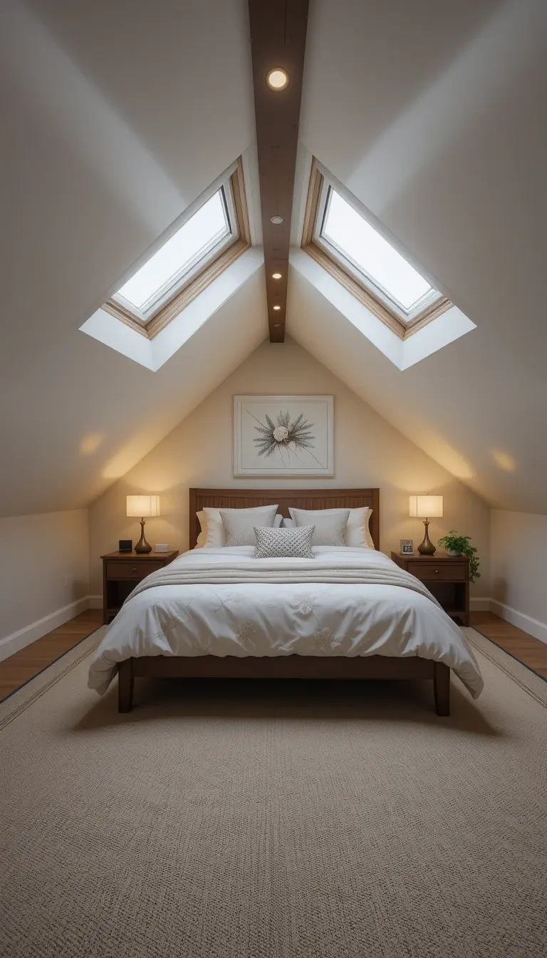 an attic bedroom with a electronic skylight