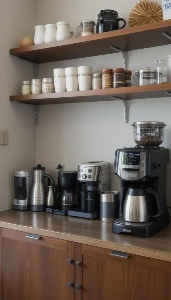 a coffee bar with multiple appliances
