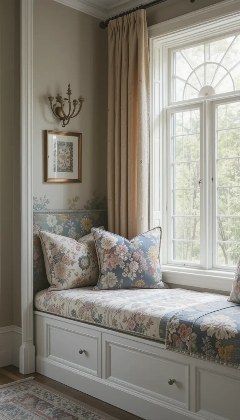 a window seat with matching colors