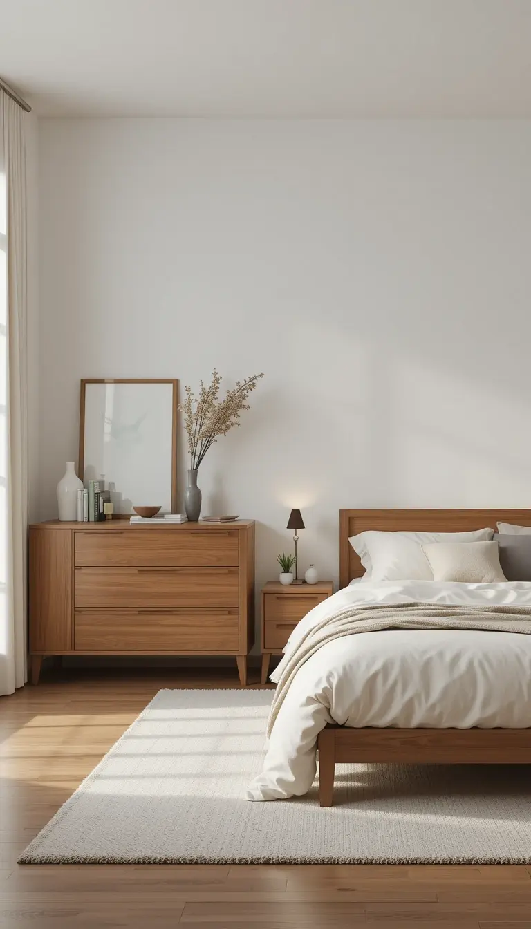 a serene bedroom with minimalist wood