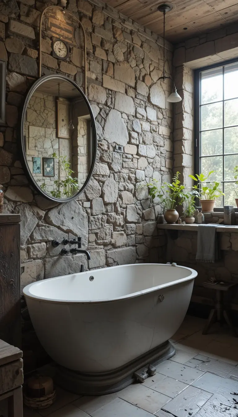 a rustic bathroom with reused accents