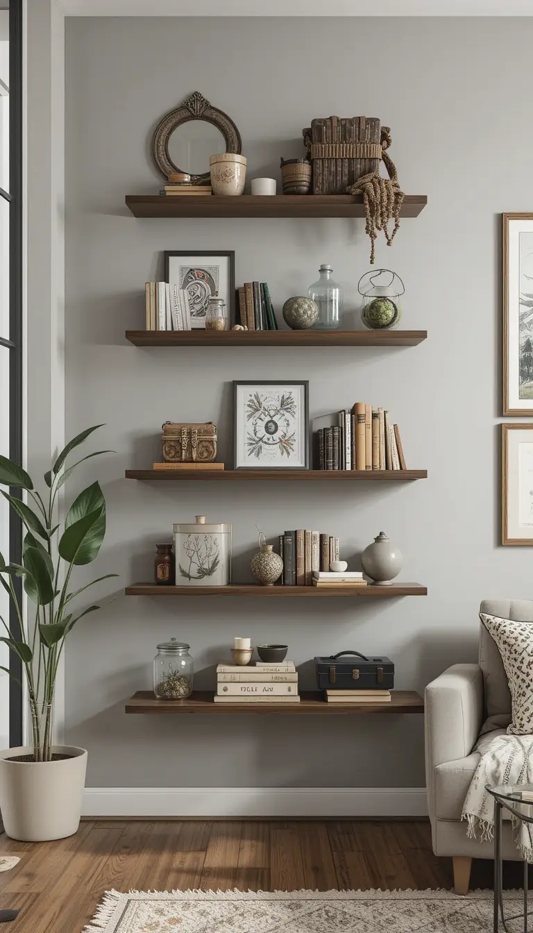 a floating shelf showing collectibles