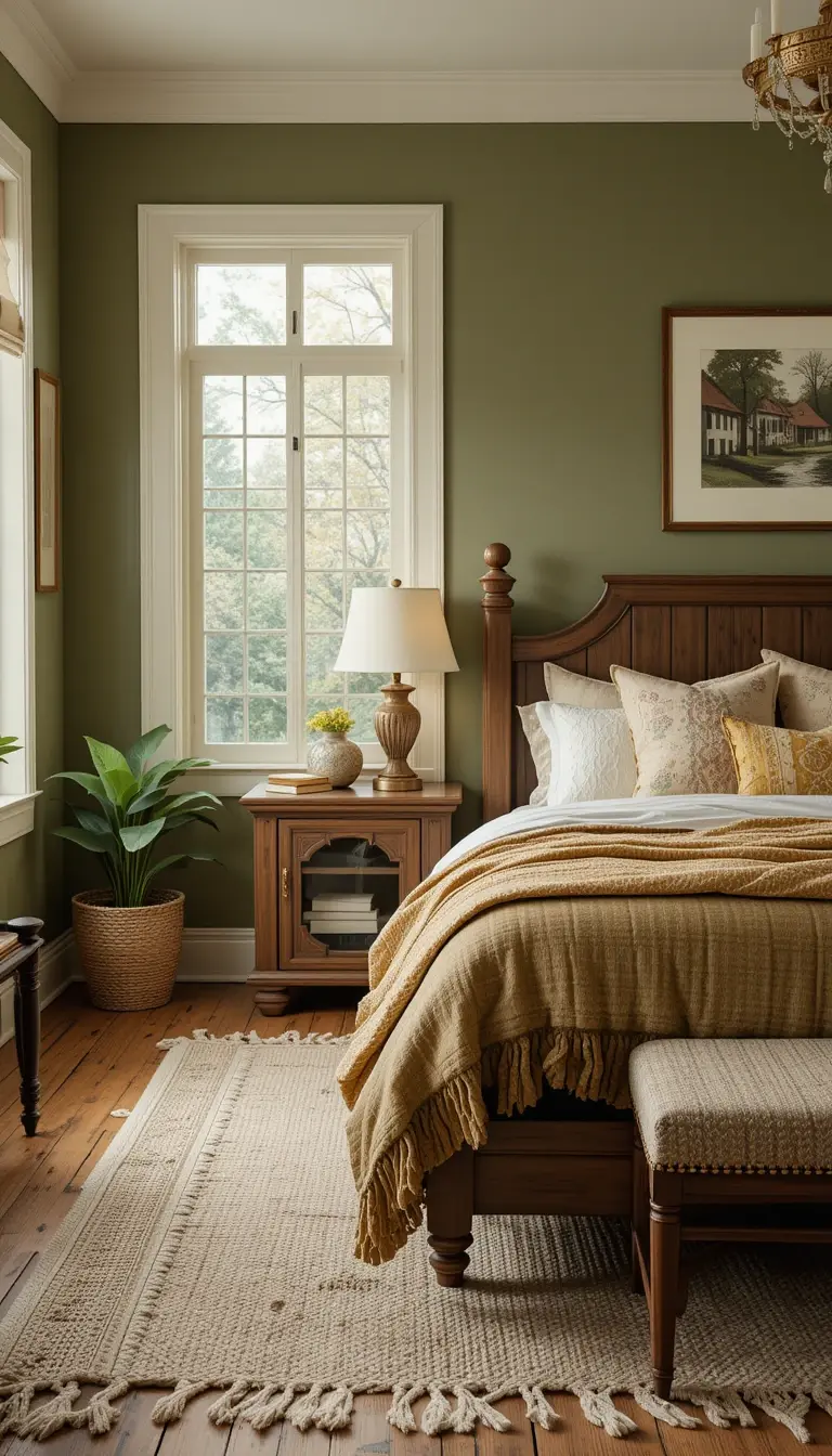 a farmhouse bedroom in olive green