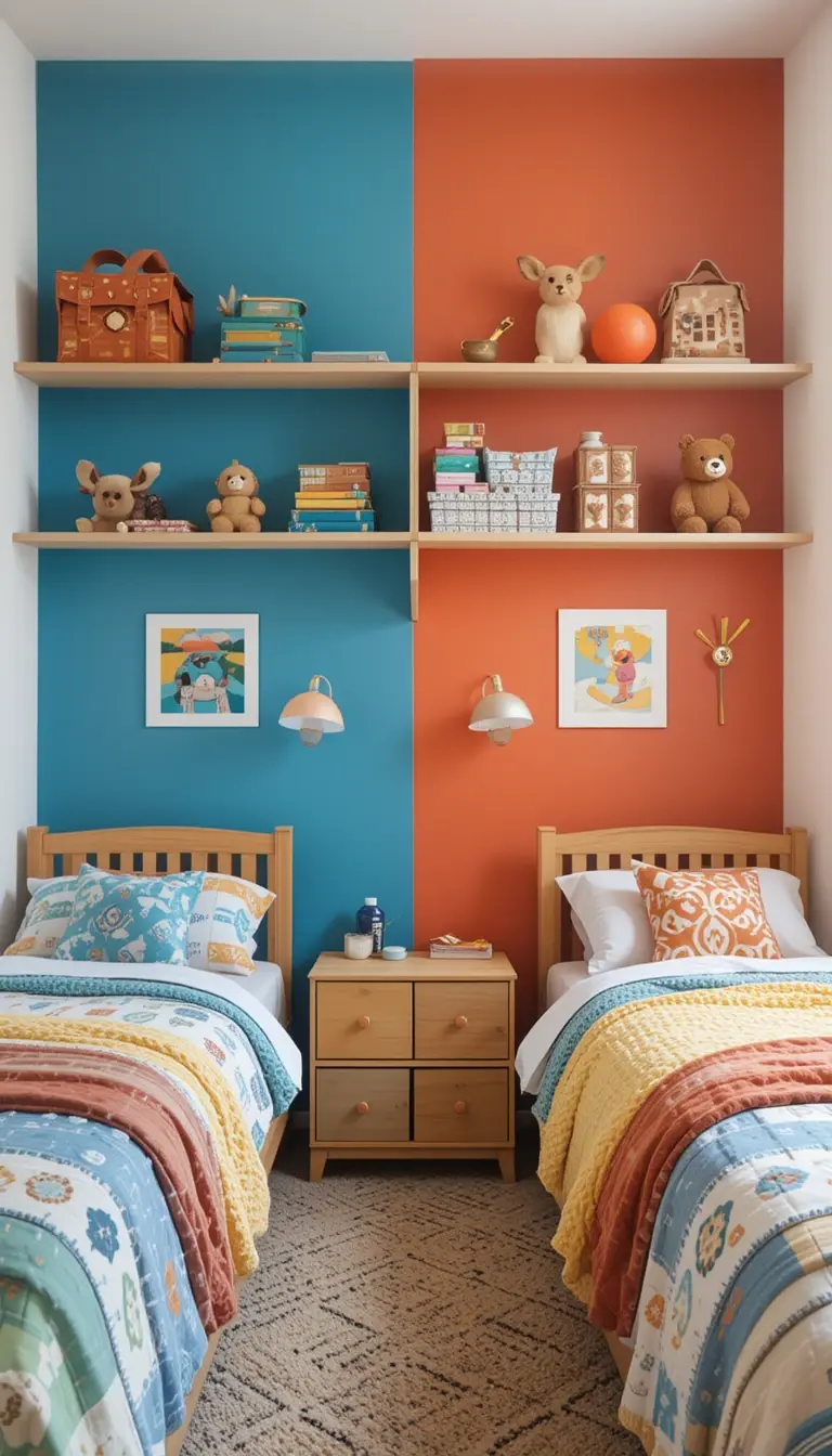 a shared kids bedroom with different color codes