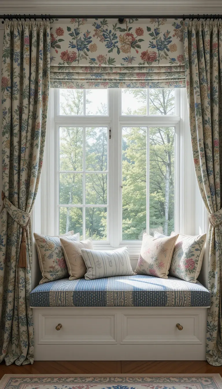 a window seat with matching colors
