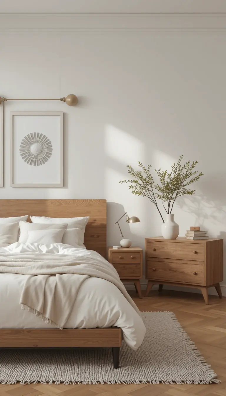 a serene bedroom with minimalist wood