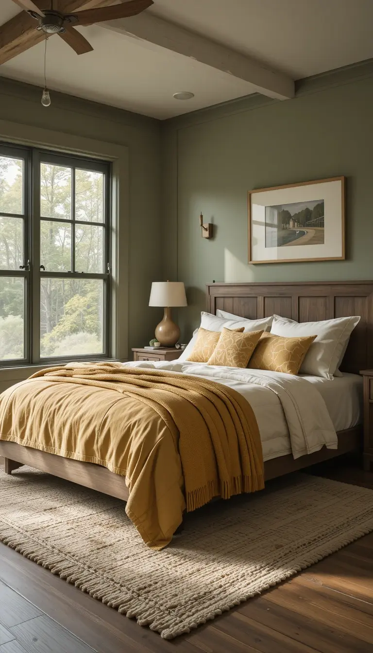 a farmhouse bedroom in olive green