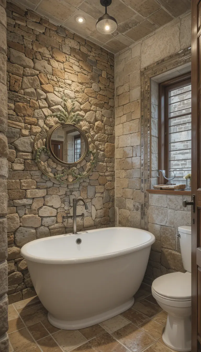 a rustic bathroom with accent wall reused